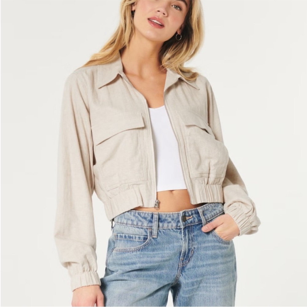NWT Hollister Women's Linen Cropped Cream Jacket Sz L